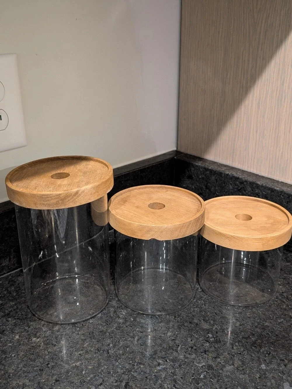Set of 3 Glass Storage Jars with Wooden Lids